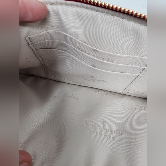 Kate Spade New Red Leather Wristlet Lucy Logo Top Zipper Bag New Red Clutch - Picture 7 of 8